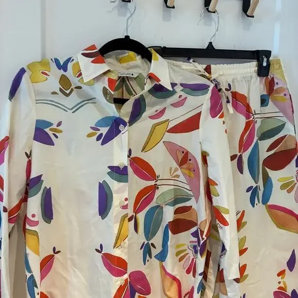 Zara Cream Printed Poplin Shirt and Wide Leg Pants Set Small - Picture 3 of 12